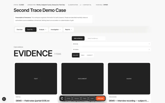 Evidence library — Second Trace product screenshot